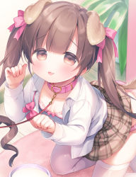 Rule 34 | 1girl, :p, animal collar, animal ears, blush, bow, bow bra, bowl, bra, breasts, brown eyes, brown hair, brown skirt, closed mouth, clothes lift, collar, collarbone, collared shirt, commentary request, dog ears, dog girl, dog tail, hands up, kneeling, leash, long hair, long sleeves, looking at viewer, milk, open clothes, open shirt, original, panties, pet bowl, pink bow, pink bra, pink collar, pink panties, plaid, plaid skirt, pleated skirt, shirt, skirt, skirt lift, sleeves past wrists, small breasts, smile, solo, tail, thighhighs, tongue, tongue out, twintails, underwear, usashiro mani, very long hair, white shirt, white thighhighs