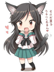 Rule 34 | 1girl, a channel, animal ears, black hair, black socks, blush, brown eyes, cat ears, cat tail, chibi, hand to own mouth, inaho, kemonomimi mode, kneehighs, long hair, looking at viewer, nishi yuuko, open clothes, open shirt, school uniform, shirt, simple background, socks, solo, tail, white background