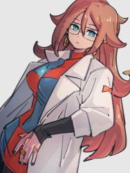 Rule 34 | 1girl, android 21, blue eyes, breasts, bright pupils, brown hair, checkered clothes, checkered dress, coat, dragon ball, dragon ball fighterz, dress, dutch angle, earrings, glasses, grey background, hair between eyes, hoop earrings, jewelry, kemachiku, lab coat, long hair, parted lips, red ribbon army, ring, simple background, solo, upper body, white coat, white pupils