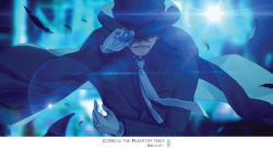 Rule 34 | black cape, black hat, black jacket, black shirt, blurry, blurry background, cape, character name, closed mouth, collared shirt, corbeau the phantom thief, gloves, hat, hat over eyes, jacket, lens flare, long sleeves, magic kaito, male focus, monicanc, necktie, shirt, smile, smug, solo, upper body, white gloves, white necktie, wing collar