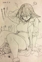 Rule 34 | 1girl, aged up, alternate breast size, alternate costume, alternate hairstyle, arm support, bandages, bespectacled, bolt, breasts, commentary, dated, dress, earrings, etuzan jakusui, flying paper, glasses, graphite (medium), hair down, hand on own head, highres, jewelry, lab coat, large breasts, medium hair, mega man (series), mega man legends (series), monochrome, nut (hardware), one eye closed, open mouth, paper, partially translated, servbot (mega man), short dress, sitting, sketch, skull, sleeves rolled up, sweat, the misadventures of tron bonne, thighs, traditional media, translation request, tron bonne (mega man)
