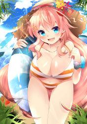 Rule 34 | 1girl, :d, absurdres, bad id, bad pixiv id, beach, bikini, blue eyes, blush, breasts, cleavage, crab, day, flower, hair ornament, hairclip, hat, highres, huge breasts, innertube, long hair, looking at viewer, open mouth, original, pink hair, ribbon, rotte (1109), smile, solo, straw hat, striped bikini, striped clothes, swim ring, swimsuit, very long hair