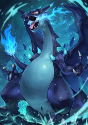 Rule 34 | blue fire, breath weapon, breathing fire, charizard, claws, commentary request, creatures (company), dragon, fangs, fire, flame-tipped tail, game freak, gen 1 pokemon, highres, mega charizard x, mega pokemon, nintendo, no humans, open mouth, pokemon, pokemon (creature), red eyes, solo, standing, tesshii (riza4828), tongue