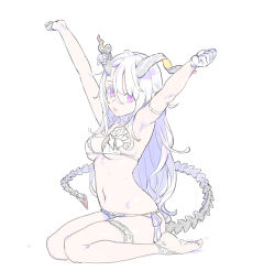 Rule 34 | 1girl, arm strap, armpits, barefoot, bra, breasts, closed mouth, curled horns, demon tail, enkyo yuuichirou, from side, gloves, hair between eyes, half gloves, hands up, highres, horn flower, horns, large breasts, long hair, looking at viewer, looking to the side, multicolored hair, navel, original, panties, purple eyes, purple hair, side-tie panties, simple background, sitting, solo, streaked hair, stretching, tail, thigh strap, underwear, wariza, white background, white bra, white gloves, white hair, white panties