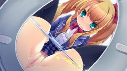 Rule 34 | 1girl, aqua eyes, black thighhighs, blonde hair, blue shirt, blue skirt, blush, bow, censored, checkered clothes, checkered skirt, dutch angle, embarrassed, from below, game cg, hair bow, long hair, looking at viewer, mosaic censoring, open mouth, panties, panty pull, pee, peeing, pussy, red bow, revive -yuurei seikatsu wa paradise-, sakura rio, school uniform, shirt, sitting, skirt, solo, striped clothes, striped panties, surprised, takamatsu chihaya, thighhighs, toilet, toilet seat, toilet use, twintails, underwear, wavy mouth