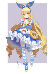 Rule 34 | 1girl, absurdres, ahoge, alice (alice in wonderland), alice in wonderland, apron, blonde hair, blue choker, blue dress, blue footwear, blue hairband, blue thighhighs, blunt bangs, bow, choker, closed mouth, commentary request, dress, drill hair, full body, hairband, heiyu, highres, hugging doll, hugging object, juliet sleeves, long hair, long sleeves, looking at viewer, platform footwear, puffy sleeves, shoes, signature, simple background, sleeves past wrists, solo, standing, striped clothes, striped thighhighs, stuffed animal, stuffed rabbit, stuffed toy, thighhighs, very long hair, white apron, white thighhighs, yellow bow, yellow eyes