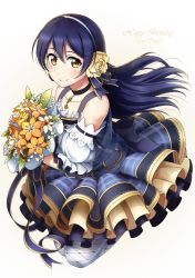 Rule 34 | 10s, 1girl, bare shoulders, blue hair, blush, bouquet, bow, brown eyes, character name, choker, dated, detached sleeves, diamond legwear, dress, flower, frilled dress, frilled sleeves, frills, hair bow, hair flower, hair ornament, hair ribbon, hairband, happy birthday, holding, holding bouquet, light blush, long hair, looking at viewer, love live!, love live! school idol festival, love live! school idol project, ribbon, ribbon-trimmed sleeves, ribbon trim, shiimai, smile, solo, sonoda umi, yellow eyes