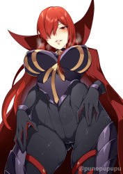 Rule 34 | 1girl, bodysuit, breasts, cape, fate/grand order, fate (series), gloves, hair over one eye, highres, large breasts, long hair, looking at viewer, oda nobunaga (fate), oda nobunaga (koha-ace), oda nobunaga (maou avenger) (fate), oda uri, open mouth, parted lips, puuzaki puuna, red cape, red eyes, red hair, smile, solo, very long hair