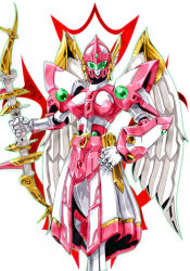 Rule 34 | 1girl, angel wings, angelg, banpresto, bow (weapon), female focus, hand on own hip, hip focus, ma-shin, mecha, robot, simple background, solo, super robot wars, super robot wars original generation, weapon, white background, wings