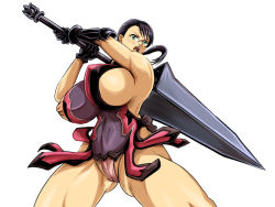 Rule 34 | black hair, breasts, cattleya (queen&#039;s blade), glasses, large breasts, mature female, nipple slip, nipples, open mouth, patsuki, ponytail, queen&#039;s blade, sideboob, sword, weapon, white background