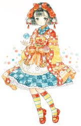 Rule 34 | 1girl, black eyes, black hair, bow, checkered clothes, checkered skirt, dress, floral print, flower, full body, hair bow, hair flower, hair ornament, hisakata (hisa nn), kneehighs, kokeshi, looking at viewer, original, personification, red bow, red footwear, short hair, simple background, skirt, socks, solo, standing, striped clothes, striped socks, white background, wide sleeves