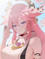 Rule 34 | 1girl, animal ears, bare shoulders, blue sky, blurry, branch, breasts, brooch, cherry blossoms, closed mouth, crossed bangs, day, earrings, eyeshadow, fingernails, flower, fox ears, fox girl, fox shadow puppet, gem, genshin impact, gold earrings, gold trim, hair between eyes, hair ornament, hand up, highres, japanese clothes, jewelry, large breasts, long fingernails, long hair, looking at viewer, makeup, nail polish, nontraditional miko, nuran22, outdoors, pink eyeshadow, pink flower, pink hair, pink nails, purple eyes, purple gemstone, shirt, sideboob, sidelocks, sky, sleeveless, sleeveless shirt, smile, solo, standing, turtleneck, upper body, white shirt, yae miko