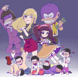 Rule 34 | 10s, 2girls, 6+boys, ;), apron, arm up, bags under eyes, bald, belt, blonde hair, blush, bow, briefs, brothers, brown hair, buck teeth, chibimi, chibita, constricted pupils, denim, dual persona, facial mark, formal, gender request, genderswap, giving up the ghost, gradient background, hairband, hand on own hip, heart, heart hands, heart in mouth, highres, iyami, iyayo, jeans, kneeling, lipstick, long hair, makeup, male underwear, matsuno choromatsu, matsuno ichimatsu, matsuno jyushimatsu, matsuno karamatsu, matsuno osomatsu, matsuno todomatsu, missing tooth, mongmung, multiple boys, multiple girls, no pupils, one eye closed, osomatsu-kun, osomatsu-san, pants, patch, popped collar, purple background, purple suit, sextuplets, sheeeh!, siblings, sidelocks, skirt, smile, suit, teeth, thighhighs, topless male, torn clothes, towel, towel around neck, twintails, underwear, waist apron, whisker markings