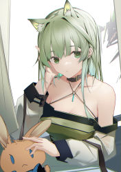 Rule 34 | 1girl, animal ears, arknights, bare shoulders, black choker, breasts, cat ears, chichi guai, chinese commentary, choker, cleavage, commentary request, dress, green dress, green eyes, green hair, highres, kal&#039;tsit (arknights), long sleeves, medium breasts, mon3tr (arknights), off shoulder, solo, stuffed animal, stuffed rabbit, stuffed toy, upper body