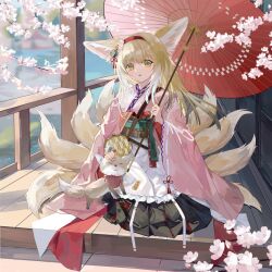 Rule 34 | 1girl, animal ears, apron, architecture, arknights, black hakama, blonde hair, cherry blossoms, chinese commentary, coin purse, commentary request, east asian architecture, floral print, flower, fox, fox ears, fox girl, fox tail, frilled apron, frills, green eyes, hair flower, hair ornament, hairband, hakama, hakama skirt, hand up, holding, holding umbrella, japanese clothes, kimono, kitsune, kyuubi, linglongtouzi, long hair, long sleeves, multicolored hair, multiple tails, obi, official alternate costume, oil-paper umbrella, outdoors, parted lips, petting, pink kimono, pinwheel, pleated skirt, red hairband, red umbrella, sash, sitting, skirt, solo, suzuran (arknights), suzuran (yukibare) (arknights), tail, two-tone hair, umbrella, waist apron, white apron, white hair, wide sleeves, yagasuri