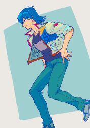 Rule 34 | 1boy, absurdres, black shirt, blue hair, bruno (yu-gi-oh!), facing to the side, green pants, hands on own hips, high collar, highres, jacket, looking to the side, male focus, open clothes, open jacket, pants, running, shirt, shoes, short hair, simple background, sleeves rolled up, smile, solo, utility vest, white footwear, white jacket, youko-shima, yu-gi-oh!, yu-gi-oh! 5d&#039;s