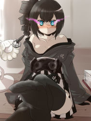 Rule 34 | 10s, 1girl, abyssal ship, anchor hair ornament, ancient destroyer oni, black hair, black thighhighs, blue eyes, blush, breasts, cleavage, commentary request, crossed legs, desk, desk lamp, drill hair, eye trail, feet, floral print, foot focus, foreshortening, gloves, glowing, glowing eyes, goma (gomasamune), hair ornament, hakama, hakama skirt, japanese clothes, kantai collection, kimono, kimono slip, lamp, light trail, mole, mole under eye, no shoes, on desk, open clothes, open kimono, panties, pantyshot, paper stack, papers, side ponytail, sitting, on desk, skirt, small breasts, solo, thighhighs, underwear, wide sleeves