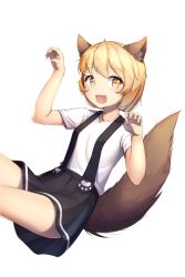 Rule 34 | 1girl, :d, animal ear fluff, animal ears, animal hands, black skirt, blonde hair, blush, breasts, collarbone, commentary request, commission, dog ears, dog paws, dog tail, fang, hair between eyes, highres, jungki dr, looking at viewer, open mouth, original, paw pose, shirt, short hair, short sleeves, simple background, skirt, small breasts, smile, solo, suspenders, tail, white background, white shirt