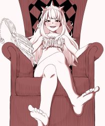 Rule 34 | 10s, 1girl, amano don, barefoot, blush, book, bottomless, breasts, cagliostro (granblue fantasy), crossed legs, crown, feet, foot focus, granblue fantasy, long hair, monochrome, naughty face, simple background, sitting, small breasts, smile, solo, spikes, thighs, throne, toes