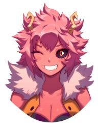 Rule 34 | 10s, 1girl, artist request, ashido mina, black sclera, blush, blush stickers, boku no hero academia, breasts, cleavage, collarbone, colored sclera, colored skin, facing viewer, grin, happy, horns, large breasts, looking at viewer, messy hair, one eye closed, parted lips, pink hair, pink skin, short hair, simple background, smile, solo, upper body, white background, wink, yellow eyes