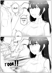 Rule 34 | 1boy, 1girl, 2koma, age conscious, breasts, comic, english text, greyscale, hair between eyes, large breasts, long hair, meow7tail, monochrome, original, sleeveless, sleeveless sweater, sleeveless turtleneck, speech bubble, sweater, turtleneck, turtleneck sweater