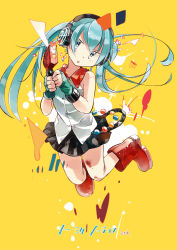 Rule 34 | 1girl, boots, fingerless gloves, gloves, green eyes, green hair, hatsune miku, headphones, jumping, long hair, looking at viewer, matching hair/eyes, pleated skirt, rubber boots, skirt, solo, twintails, vocaloid, yamamoto akie, yellow background