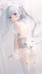 Rule 34 | 1girl, animal ears, ass, backless leotard, bare shoulders, closed mouth, commentary request, detached sleeves, frilled skirt, frills, garter straps, grey hair, grey leotard, hair ornament, highres, leotard, long hair, looking at viewer, looking back, low wings, mini wings, original, playboy bunny, puffy short sleeves, puffy sleeves, rabbit ears, rabbit hair ornament, rabbit tail, red eyes, see-through, short sleeves, skirt, solo, suzumori uina, tail, thighhighs, twintails, very long hair, white sleeves, white thighhighs, white wings, wings