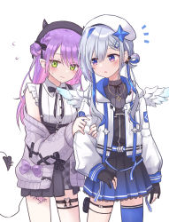 Rule 34 | 2girls, amane kanata, amane kanata (work), angel wings, asymmetrical legwear, beret, black ribbon, black skirt, blue hair, blue skirt, blush, cardigan, collared shirt, colored inner hair, commentary, demon girl, ear piercing, feathered wings, flying sweatdrops, frilled shirt, frills, gloves, gradient skirt, gradient wings, green eyes, grey cardigan, hair between eyes, hair bun, hair ornament, hat, high-waist skirt, highres, hitsuji nata, holding another&#039;s arm, hololive, jewelry, long hair, long sleeves, looking at another, multicolored hair, multicolored wings, multiple girls, necklace, notice lines, o-ring, o-ring thigh strap, off-shoulder jacket, off shoulder, open cardigan, open clothes, parted lips, partially fingerless gloves, piercing, pointy ears, pouch, puffy long sleeves, puffy sleeves, purple eyes, purple hair, ribbon, shirt, short hair, short sleeves, side bun, silver hair, single side bun, single thighhigh, skirt, star (symbol), star hair ornament, star necklace, streaked hair, thigh pouch, thigh strap, thighhighs, tokoyami towa, tokoyami towa (jirai kei), virtual youtuber, white shirt, wings