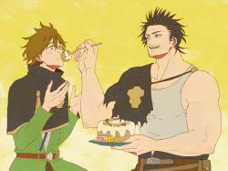 Rule 34 | 2boys, belt, biceps, birthday cake, black clover, black hair, brown belt, brown hair, cake, cape, capelet, cheek bulge, ear piercing, eating, facial hair, feeding, finral roulacase, food, food on face, green jacket, hair between eyes, hands up, highres, holding, holding plate, implied yaoi, jacket, light blush, long bangs, long sleeves, looking at another, male focus, mature male, multiple boys, muscular, muscular male, oolongtea1121, open mouth, pectorals, piercing, plate, purple eyes, short hair, sideburns, simple background, stubble, surprised, tank top, torn cape, torn capelet, torn clothes, upper body, yami sukehiro, yaoi, yellow background