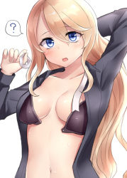 Rule 34 | 1girl, ?, arm behind head, blonde hair, blue eyes, bra, breasts, cleavage, commentary, hair between eyes, hair ornament, hair scrunchie, highres, long hair, long sleeves, looking at viewer, medium breasts, navel, neit ni sei, open bra, open clothes, open mouth, open shirt, original, scrunchie, shirt, solo, spoken question mark, sweat, underwear, upper body, white background