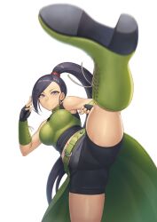 Rule 34 | 1girl, absurdres, asymmetrical hair, bare shoulders, belt, bike shorts, black gloves, black hair, boots, bracer, breasts, dragon quest, dragon quest xi, fighting stance, fingerless gloves, gloves, green footwear, highres, kicking, large breasts, long hair, martina (dq11), midriff, navel, ponytail, purple eyes, ranma (kamenrideroz), shoe soles, simple background, sleeveless, solo, waist cape, white background