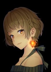 Rule 34 | 1girl, aimori meguru, bad id, bad pixiv id, bare shoulders, black background, brown eyes, brown hair, chinese lantern (plant), closed mouth, collarbone, commentary request, earrings, freckles, green sweater, heart, heart earrings, highres, jewelry, light smile, looking at viewer, looking to the side, off-shoulder, off-shoulder sweater, off shoulder, original, revision, short hair, simple background, solo, sweater, upper body
