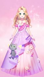 Rule 34 | 1girl, :d, animal, bare shoulders, blonde hair, blush, cat, character request, commentary request, detached sleeves, dress, fairy wings, flower, forehead, full body, gloves, gradient wings, green eyes, highres, indie virtual youtuber, long hair, looking at viewer, momoshiki tsubaki, multicolored wings, open mouth, parted bangs, pink background, pink gloves, pleated dress, princess, purple dress, purple flower, purple rose, purple wings, rose, single hair intake, smile, solo, standing, strapless, strapless dress, virtual youtuber, white flower, white rose, wings, yellow wings
