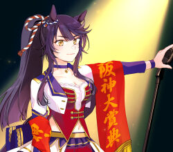 Rule 34 | 1girl, animal ears, arm at side, bandaid, bandaid on face, bandaid on nose, black hair, breasts, cleavage, closed mouth, ear ornament, highres, holding, holding microphone stand, horse ears, long hair, long sleeves, looking at viewer, microphone, microphone stand, narita brian (umamusume), navel, outstretched arm, pendant choker, ponytail, red shorts, red vest, rope, shimenawa, shirt, shorts, skirt, small breasts, smile, solo, spotlight, standing, starting future (umamusume), umamusume, upper body, vest, white shirt, white skirt, wristband, yellow eyes, yonu (yonurime)