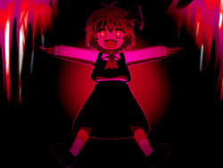 Rule 34 | 1girl, ascot, blonde hair, darkness, fang, female focus, hair ribbon, long sleeves, open mouth, outstretched arms, red eyes, ribbon, rumia, shirosato, short hair, solo, touhou