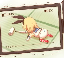 Rule 34 | 10s, 1girl, aged down, all fours, animal ears, baby, bad id, bad pixiv id, blonde hair, commentary, diaper, elbow gloves, fake animal ears, gloves, hair ribbon, kantai collection, panties, recording, ribbon, sawatari (sado), shimakaze (kancolle), solo, striped clothes, striped thighhighs, tatami, thighhighs, trembling, underwear, white panties, zettai ryouiki