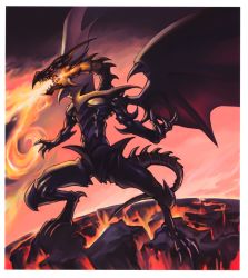 Rule 34 | absurdres, claws, dragon, duel monster, fire, highres, horns, no humans, red eyes black dragon, tail, takahashi kazuki, teeth, wings, yu-gi-oh!