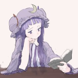 Rule 34 | 1girl, blunt bangs, book, colored eyelashes, crescent, english text, hat, head rest, holding, holding book, long hair, mob cap, motsuni (artist), open book, patchouli knowledge, purple eyes, purple hair, purple hat, purple theme, reading, solo, striped, touhou, vertical stripes, wide sleeves