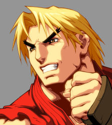 Rule 34 | 1990s (style), 1boy, alvin lee, angry, blonde hair, capcom, clenched hand, clenched teeth, close-up, dougi, eyebrows, fighting stance, fingerless gloves, gloves, grey background, japanese clothes, ken masters, looking away, male focus, muscular, official art, orange eyes, parted bangs, retro artstyle, short hair, simple background, sleeveless, solo, street fighter, street fighter ii (series), teeth, thick eyebrows, udon entertainment