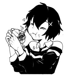 Rule 34 | 1girl, artist name, blupixl, burger, closed eyes, commentary, eating, english commentary, food, food on face, hair between eyes, hair ornament, highres, holding, holding food, marvel, monochrome, necktie, peni parker, short hair, signature, smile, solo, spider-man: across the spider-verse, spider-man (series), spider-verse, sweater, upper body, x hair ornament