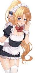 Rule 34 | 1girl, apron, black dress, blonde hair, blue eyes, blush, bow, bowtie, breasts, clothes pull, commentary request, cowboy shot, detached collar, dress, dress pull, elf, enjo kouhai, frilled apron, frilled dress, frills, garter straps, hand up, highres, iris (takunomi), leaning forward, long hair, looking at viewer, maid, maid headdress, open mouth, pointy ears, ponytail, puffy short sleeves, puffy sleeves, red bow, red bowtie, short sleeves, simple background, skindentation, small breasts, smile, solo, takunomi, thighhighs, very long hair, waist apron, white apron, white background, white thighhighs, wrist cuffs, zettai ryouiki