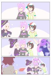 Rule 34 | 4koma, 5girls, = =, angry, animal ears, axe, black hair, cat ears, comic, commentary, fire axe, hat, highres, hololive, inugami korone, inugami korone (1st costume), junhakase, minato aqua, multiple girls, murasaki shion, murasaki shion (1st costume), nekomata okayu, nekomata okayu (1st costume), oozora subaru, oozora subaru (1st costume), open mouth, shaded face, short hair, silent comic, virtual youtuber, witch hat, yandere, yuri
