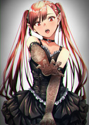 Rule 34 | 1girl, bad id, bad pixiv id, bare shoulders, black dress, black gloves, black ribbon, blush, breasts, choker, collarbone, dress, elbow gloves, gem, gloves, gradient background, hair ornament, hairclip, hand up, highres, lace, lace gloves, long hair, looking at viewer, medium breasts, open mouth, original, pointy ears, red eyes, red gemstone, red hair, redlammy, ribbon, sidelocks, simple background, solo, tongue, tongue out, twintails, very long hair