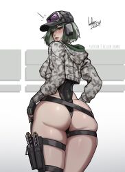 Rule 34 | 1girl, aelion draws, ass, black choker, blush, camouflage, choker, closed mouth, commentary, ela (rainbow six siege), english commentary, green eyes, green hair, grey hat, grey jacket, gun, handgun, hat, headphones, highres, holding, holding weapon, hood, hood down, jacket, lips, looking at viewer, looking back, medium hair, patreon username, rainbow six siege, signature, simple background, solo, standing, thigh strap, weapon, white background
