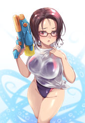 Rule 34 | 1girl, breasts, brown hair, commentary request, competition swimsuit, forehead, glasses, highleg, highleg swimsuit, highres, large breasts, lips, lolita majin, one-piece swimsuit, original, purple one-piece swimsuit, red eyes, shirt, short hair, skindentation, solo, swimsuit, swimsuit under clothes, tied shirt, water gun, wet, wet clothes, wet shirt, white shirt