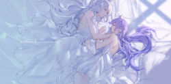Rule 34 | 2girls, azur lane, backless dress, backless outfit, bare shoulders, blue eyes, breasts, dress, closed eyes, frilled dress, frills, hand in another&#039;s hair, highres, illustrious (azur lane), large breasts, long dress, long hair, lying, medium breasts, multiple girls, on bed, on side, pillow, purple hair, shadow, sideboob, sleeping, swd3e2, unicorn (azur lane), very long hair, white dress, white hair, white theme