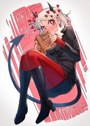 Rule 34 | 1girl, text background, black coat, black footwear, blush, book, boots, breasts, bright pupils, coat, demon girl, demon horns, demon tail, ear blush, full-face blush, full body, heart, heart-shaped pupils, helltaker, high heel boots, high heels, highres, holding, holding book, horns, knee boots, kuroi susumu, long sleeves, looking at viewer, medium breasts, modeus (helltaker), open book, pantyhose, red eyes, red pantyhose, short hair, sidelocks, silver hair, sleeves past wrists, solo, symbol-shaped pupils, tail, two-tone background