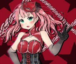 Rule 34 | 10s, 1girl, :d, adapted costume, alternate hairstyle, bad id, bad pixiv id, bang dream!, black gloves, blush, breasts, cat mask, chain, cleavage cutout, clothing cutout, commentary request, corset, cosplay, drop shadow, earrings, elbow gloves, gloves, green eyes, heart, heart print, jewelry, long hair, looking at viewer, mask, mask on head, medium breasts, neku (sky hologram), open mouth, persona, persona 5, pink hair, red background, smile, solo, star (symbol), takamaki anne, takamaki anne (cosplay), twintails, uehara himari, upper body, w, zipper
