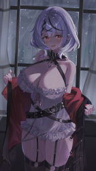 Rule 34 | 1girl, absurdres, black hair, braid, breasts, brown thighhighs, cleavage, covered navel, curtains, ear piercing, garter straps, hair ornament, highres, hololive, large breasts, looking at viewer, multicolored hair, open mouth, piercing, rain, red eyes, sakamata chloe, short hair, solo, standing, streaked hair, thighhighs, thighs, ushio ochinashi, virtual youtuber, wet, wet clothes, white hair, window, x hair ornament