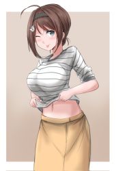 Rule 34 | 1girl, beige skirt, black hairband, breasts, brown hair, chougei (kancolle), clothes lift, cowboy shot, hair ornament, hairband, hairclip, highres, kamaboko senshi, kantai collection, large breasts, long hair, looking at viewer, navel, official alternate costume, one eye closed, shirt, shirt lift, simple background, solo, striped clothes, striped shirt, tongue, tongue out, white shirt